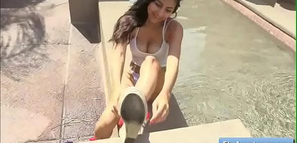  Sexy natural big tit amateur brunette Nina finger fuck her juicy pussy by the pool